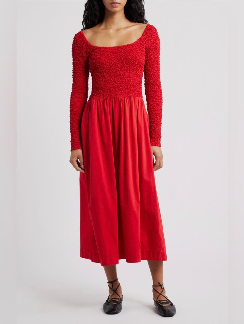 Damson Madder Red Long-Sleeve Smocked Bodice Midi Dress